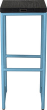 Load image into Gallery viewer, Duck-egg blue metal stool with black stain ash wood made in UK - back view round frame
