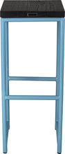 Load image into Gallery viewer, Duck-egg blue metal stool with black stain ash wood made in UK - back view round frame
