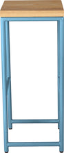 Load image into Gallery viewer, Duck-egg blue metal stool with natural stain ash wood made in UK - side view round frame