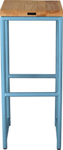 Load image into Gallery viewer, Duck-egg blue metal stool with natural stain ash wood made in UK - side view round frame