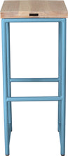 Load image into Gallery viewer, Duck-egg blue metal stool with whitewash stain ash wood made in UK - back view round frame