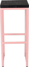 Load image into Gallery viewer, Pink metal stool with black stain ash wood made in UK - front view round frame