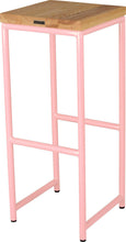 Load image into Gallery viewer, Pink metal stool with natural stain ash wood made in UK - back side view round frame