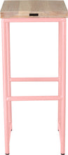 Load image into Gallery viewer, Pink metal stool with whitewash stain ash wood made in UK - back view round frame
