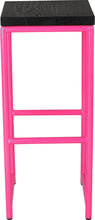 Load image into Gallery viewer, Hot pink metal stool with black stain ash wood made in UK - front view round frame