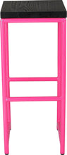 Load image into Gallery viewer, Hot pink metal stool with black stain ash wood made in UK - front view round frame