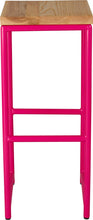 Load image into Gallery viewer, Hot pink metal stool with natural stain ash wood made in UK - front view round frame