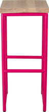 Load image into Gallery viewer, Hot pink metal stool with whitewash stain ash wood made in UK - front view round frame