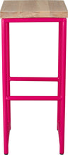 Load image into Gallery viewer, Hot pink metal stool with whitewash stain ash wood made in UK - front view round frame