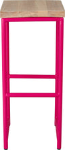 Load image into Gallery viewer, Hot pink metal stool with whitewash stain ash wood made in UK - front view round frame