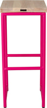 Load image into Gallery viewer, Hot pink metal stool with whitewash stain ash wood made in UK - back view round frame
