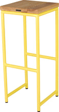 Load image into Gallery viewer, Yellow metal stool with natural stain ash wood made in UK - back side view round frame