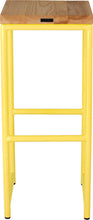 Load image into Gallery viewer, Yellow metal stool with natural stain ash wood made in UK - back view round frame
