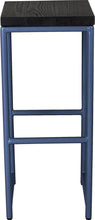 Load image into Gallery viewer, Blue metal stool with black stain ash wood made in UK - front view round frame