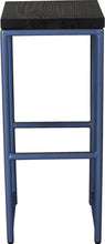 Load image into Gallery viewer, Blue metal stool with black stain ash wood made in UK - front view round frame