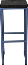 Load image into Gallery viewer, Blue metal stool with black stain ash wood made in UK - front view round frame