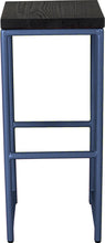 Load image into Gallery viewer, Blue metal stool with black stain ash wood made in UK - front view round frame