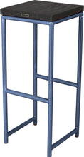 Load image into Gallery viewer, Blue metal stool with black stain ash wood made in UK - back side view round frame