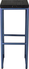Load image into Gallery viewer, Blue metal stool with black stain ash wood made in UK - back view round frame