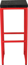 Load image into Gallery viewer, Red metal stool with black stain ash wood made in UK - front view round frame