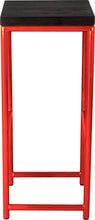 Load image into Gallery viewer, Red metal stool with black stain ash wood made in UK - side view round frame