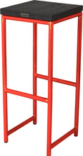 Load image into Gallery viewer, Red metal stool with black stain ash wood made in UK - back side view round frame