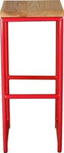 Load image into Gallery viewer, Red metal stool with natural stain ash wood made in UK - front view round frame