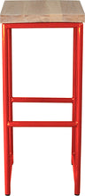 Load image into Gallery viewer, Red metal stool with whitewash stain ash wood made in UK - front view round frame