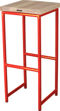 Load image into Gallery viewer, Red metal stool with whitewash stain ash wood made in UK - back side view round frame