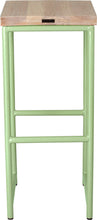 Load image into Gallery viewer, Sage green metal stool with whitewash stain ash wood made in UK - back view round frame