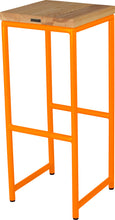 Load image into Gallery viewer, Orange metal stool with natural stain ash wood made in UK - back side view round frame