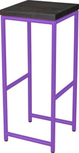 Load image into Gallery viewer, Purple metal stool with black stain ash wood made in UK - angle view round frame