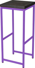 Load image into Gallery viewer, Purple metal stool with black stain ash wood made in UK - angle view round frame