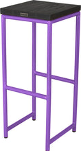 Load image into Gallery viewer, Purple metal stool with black stain ash wood made in UK - back side view round frame