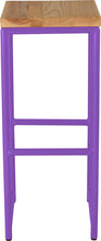 Load image into Gallery viewer, Purple metal stool with natural stain ash wood made in UK - front view round frame