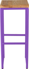 Load image into Gallery viewer, Purple metal stool with natural stain ash wood made in UK - front view round frame
