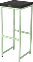 Load image into Gallery viewer, Mint green metal stool with black stain ash wood made in UK - back side view round frame