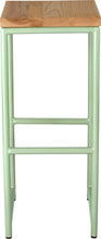 Load image into Gallery viewer, Mint green metal stool with natural stain ash wood made in UK - front view round frame