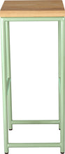 Load image into Gallery viewer, Mint green metal stool with natural stain ash wood made in UK - side view round frame