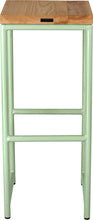 Load image into Gallery viewer, Mint green metal stool with natural stain ash wood made in UK - back view round frame