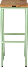 Load image into Gallery viewer, Mint green metal stool with natural stain ash wood made in UK - back view round frame