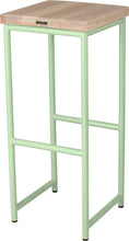 Load image into Gallery viewer, Mint green metal stool with whitewash stain ash wood made in UK - back side view round frame