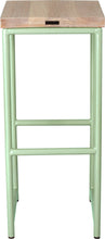 Load image into Gallery viewer, Mint green metal stool with whitewash stain ash wood made in UK - back view round frame
