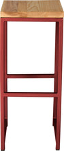 Load image into Gallery viewer, Crimson red metal stool with natural stain ash wood made in UK - front view square frame