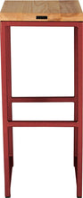 Load image into Gallery viewer, Crimson red metal stool with natural stain ash wood made in UK - back view square frame