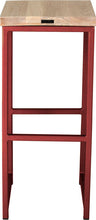 Load image into Gallery viewer, Crimson red metal stool with whitewash stain ash wood made in UK - back view square frame