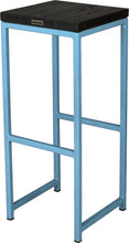 Load image into Gallery viewer, Duck-egg blue metal stool with black stain ash wood made in UK - back side view square frame