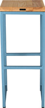 Load image into Gallery viewer, Duck-egg blue metal stool with natural stain ash wood made in UK - back view square frame