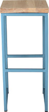 Load image into Gallery viewer, Duck-egg blue metal stool with whitewash stain ash wood made in UK - front view square frame