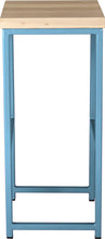 Load image into Gallery viewer, Duck-egg blue metal stool with whitewash stain ash wood made in UK - side view square frame
